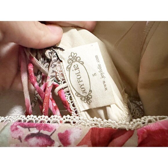 Joyfolie Floral Maxi Dress Lace Trim V Neck Ruched Front Lace Up Back Small - Picture 3 of 3